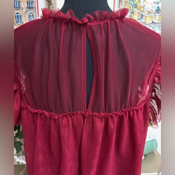 ON 34TH RED RUFFLE TULLE SHEER BABY DOLL FLUTTER SLEEVE DRESSY TOP/BLOUSE SZ 0X - Picture 8 of 13